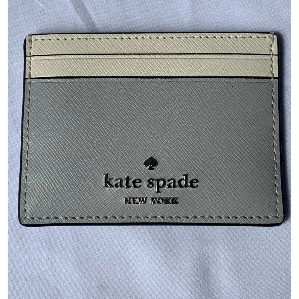 Kate Spade New York Saffiano Leather Card Holder Grey Cream Beige Colorblock#913